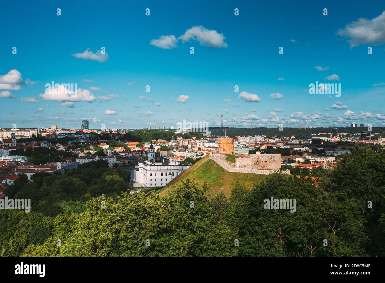 Vilnius, Lituania. Torre di Gediminas Gedimino a Vilnius, Lituania. Simbolo storico della Città di Vilnius e della Lituania stessa. Vilnius superiore Foto Stock