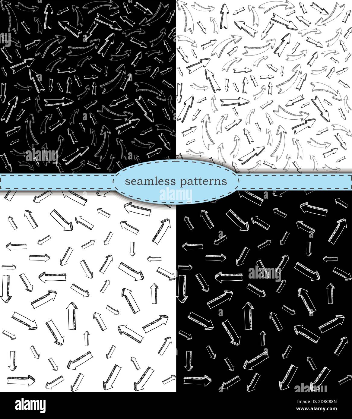 serie vettoriale di infiniti motivi senza giunture di elementi freccia disegnati a mano in stile schoodle infantile. modello per il design avvolgimento carta tessuto tessile, trendy sfondo modello minimalista Illustrazione Vettoriale