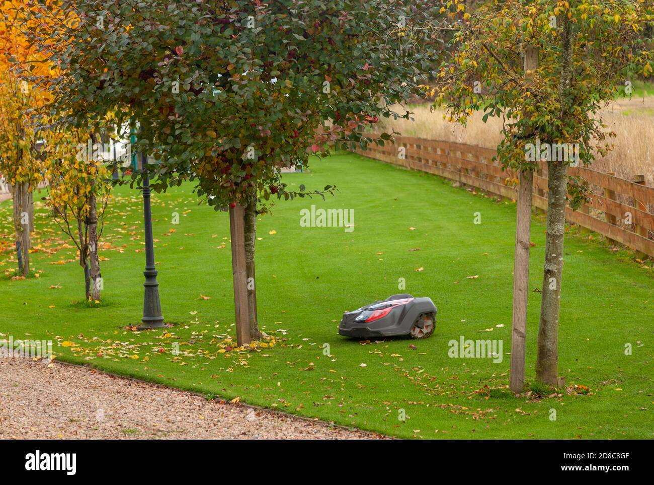 Robot rasaerba al lavoro in un grande giardino in Scozia. Foto Stock