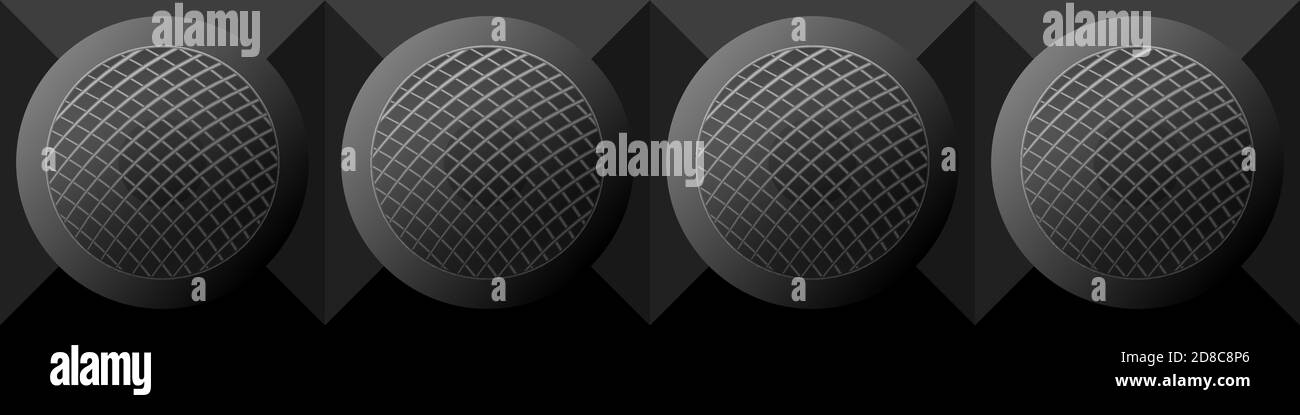 altoparlanti rotondi neri dal motivo senza cuciture con griglia, immagine volumetrica con mesh per un background tecnologico di banner di sito web attrezzature audio per bar, cinema, auto Illustrazione Vettoriale