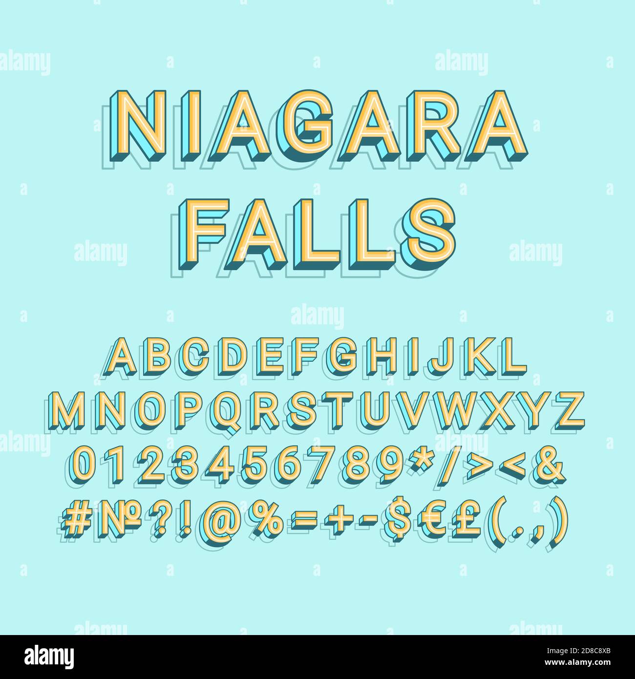 Serie di alfabeti vettoriali vintage 3d delle cascate del Niagara Illustrazione Vettoriale