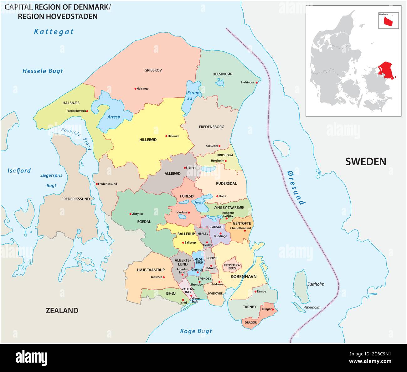Mappa amministrativa vettoriale della Regione capitale della Danimarca Illustrazione Vettoriale
