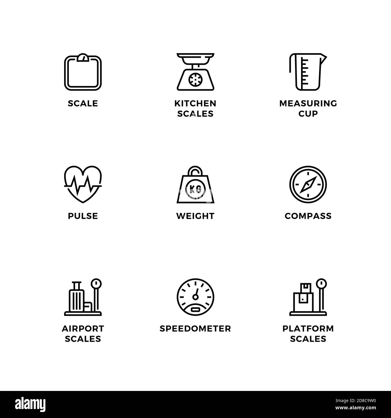 Insieme vettoriale di elementi di design, modello di logo, icone e badge per la misurazione. Set di icone di linea, tratto modificabile. Illustrazione Vettoriale