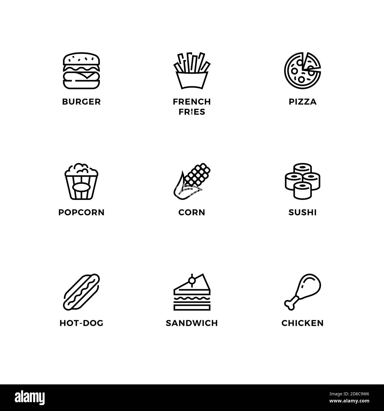Insieme vettoriale di elementi di design, modello di logo, icone e badge per fastfood. Set di icone di linea, tratto modificabile. Illustrazione Vettoriale