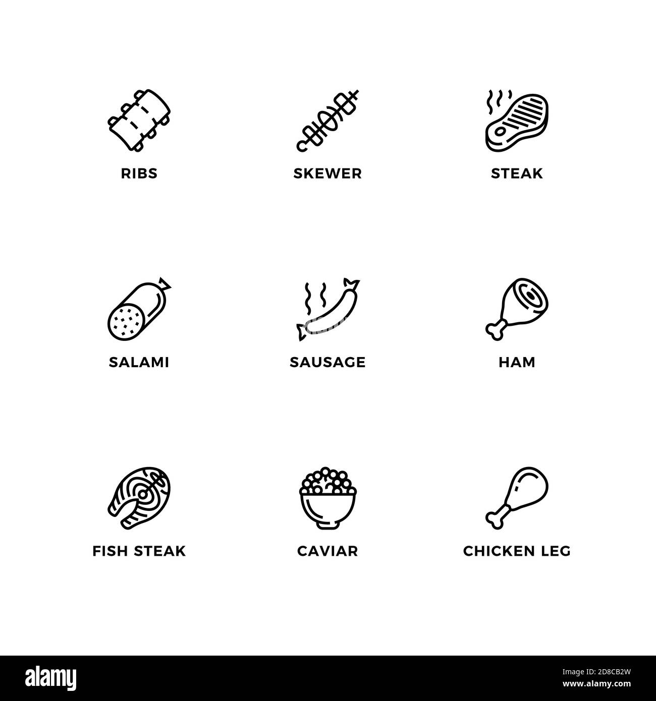 Insieme vettoriale di elementi di design, modello di logo, icone e badge per la carne. Set di icone di linea, tratto modificabile. Illustrazione Vettoriale