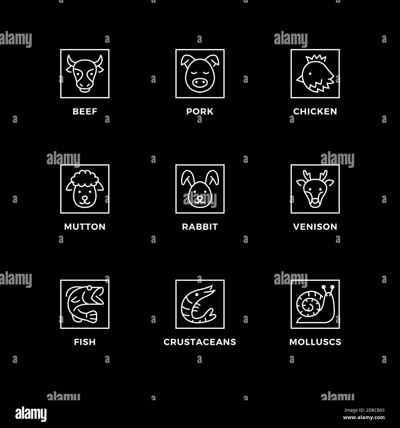 Insieme vettoriale di elementi di design, modello di logo, icone e badge per tipi di carne e cibo. Set di icone di linea, tratto modificabile. Illustrazione Vettoriale