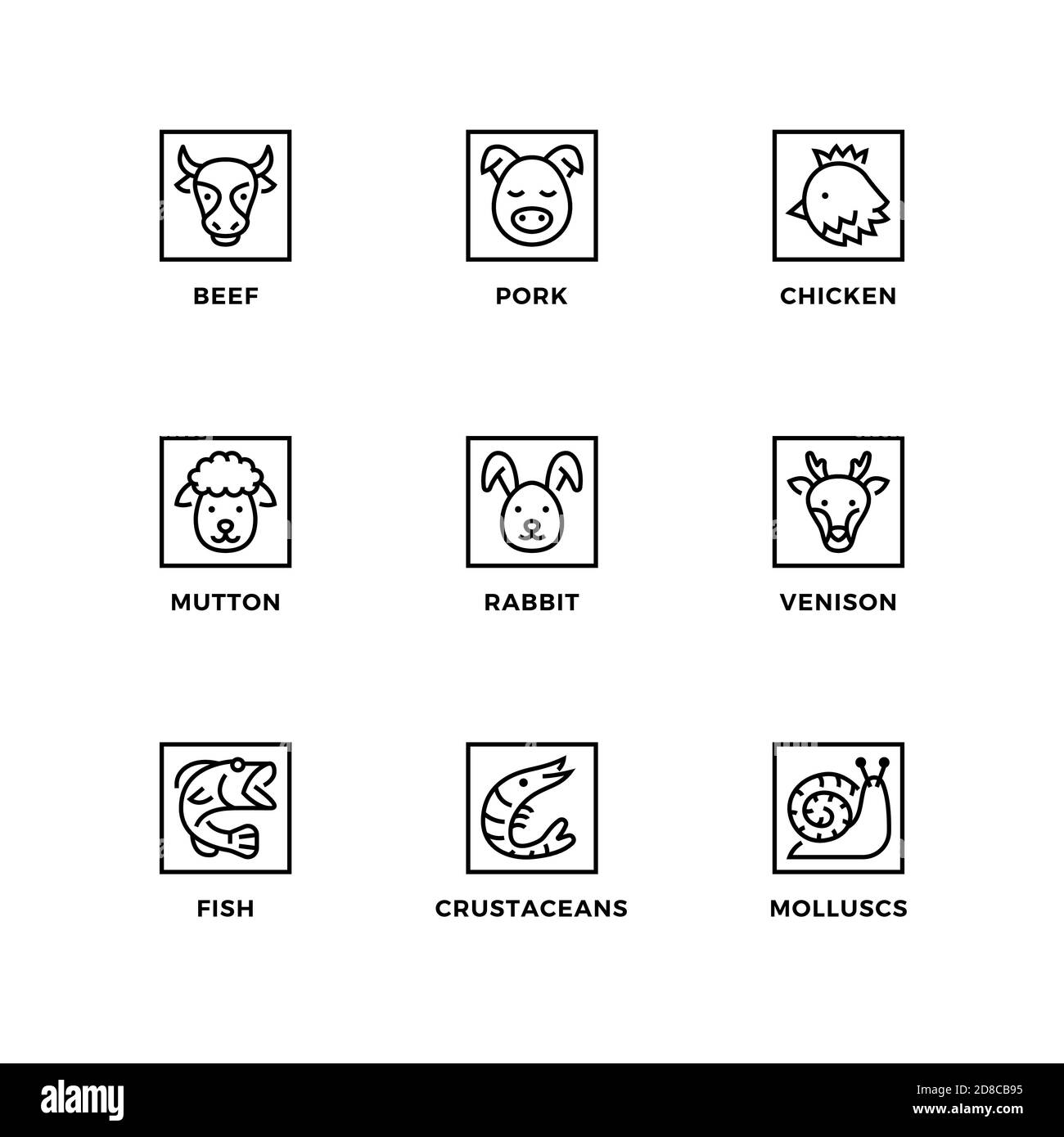 Insieme vettoriale di elementi di design, modello di logo, icone e badge per tipi di carne e cibo. Set di icone di linea, tratto modificabile. Illustrazione Vettoriale