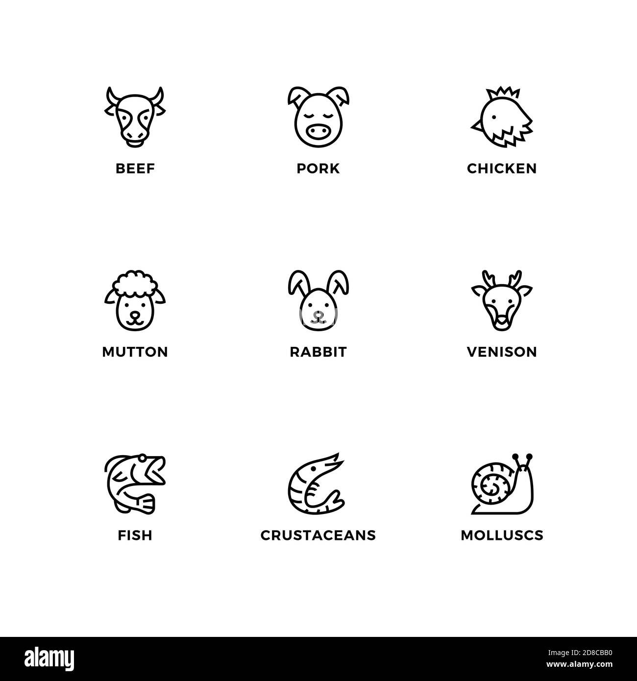 Insieme vettoriale di elementi di design, modello di logo, icone e badge per tipi di carne e cibo. Set di icone di linea, tratto modificabile. Illustrazione Vettoriale