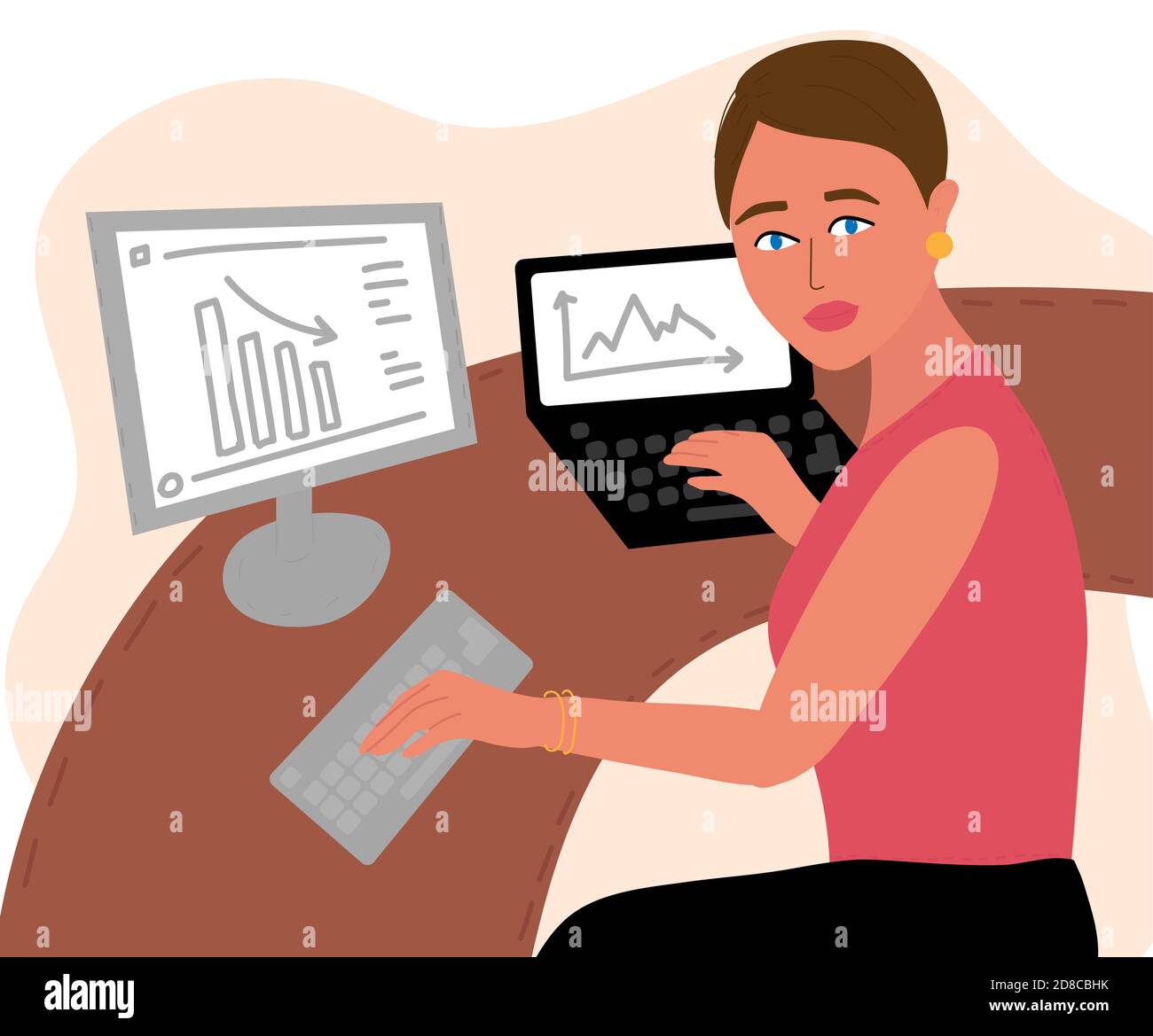 Giovane donna attraente che lavora alla scrivania con computer portatile e computer. Dipendente dell'ufficio sul posto di lavoro. Illustrazione vettoriale in stile cartoon Illustrazione Vettoriale