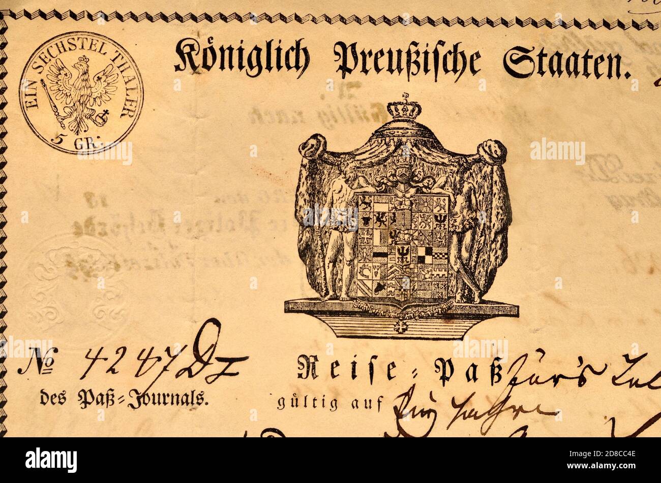 Documento tedesco: Passaporto prussiano (1848/49) con scritta gotica tedesca e dettagli manoscritti Foto Stock