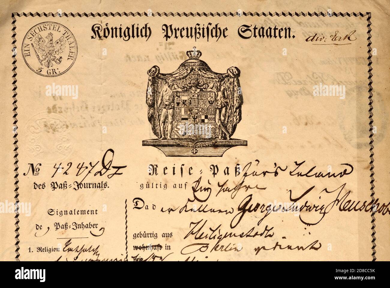 Documento tedesco: Passaporto prussiano (1848/49) con scritta gotica tedesca e dettagli manoscritti Foto Stock