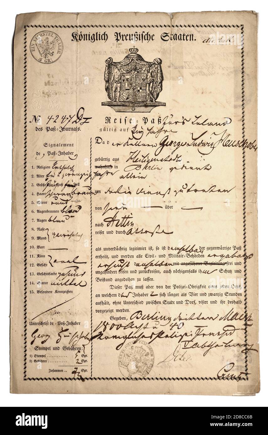 Documento tedesco: Passaporto prussiano (1848/49) con scritta gotica tedesca e dettagli manoscritti Foto Stock