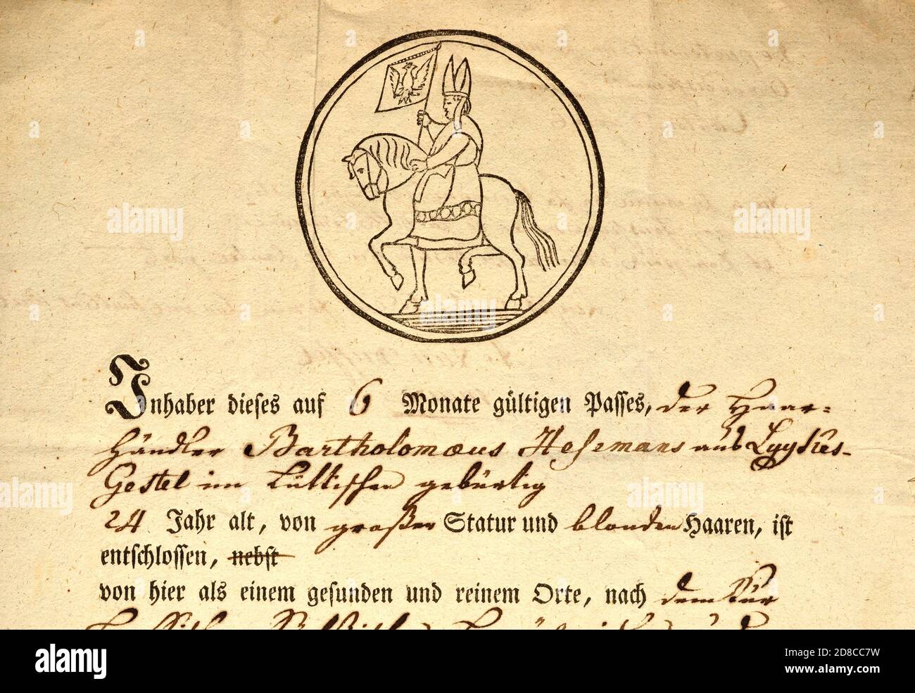 Documento tedesco: Passaporto, valido per 6 mesi di viaggio, rilasciato dalla città di Heiligenstadt, 1807, dettagli manoscritti. Rilasciato a un 24 anni di nome B Foto Stock
