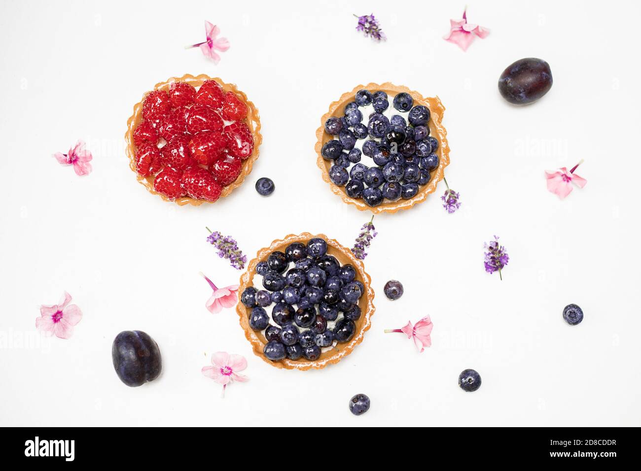 Delizioso tartlet da dessert fresco di frollino decorato con mirtilli freschi tra le bacche. Il concetto di panificio di cottura, cibo dolce. Primo piano Foto Stock