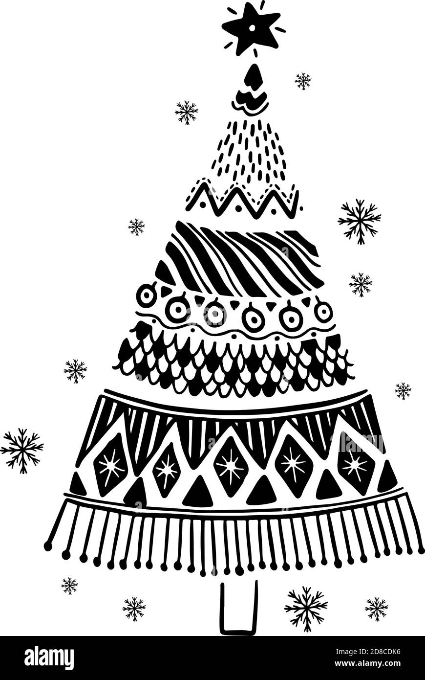 Allegro Natale decorazione mano drawn.Doodle stile biglietto d'auguri con carino albero di Natale. Illustrazione Vettoriale