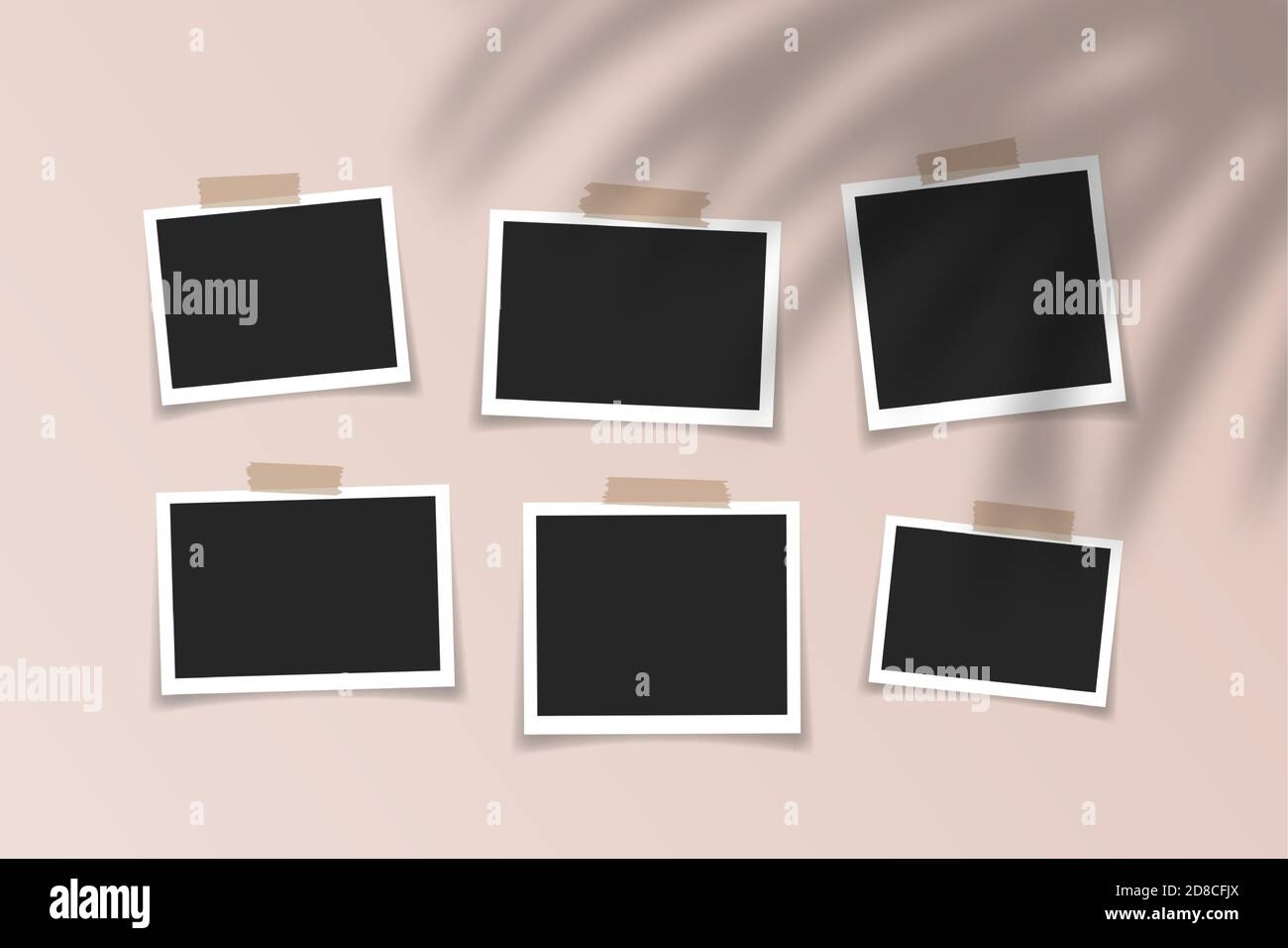 Collezione di realistiche cornici bianche con nastro adesivo, effetto di sovrapposizione delle ombre tropicali alla moda. Design mockup. Illustrazione vettoriale Illustrazione Vettoriale