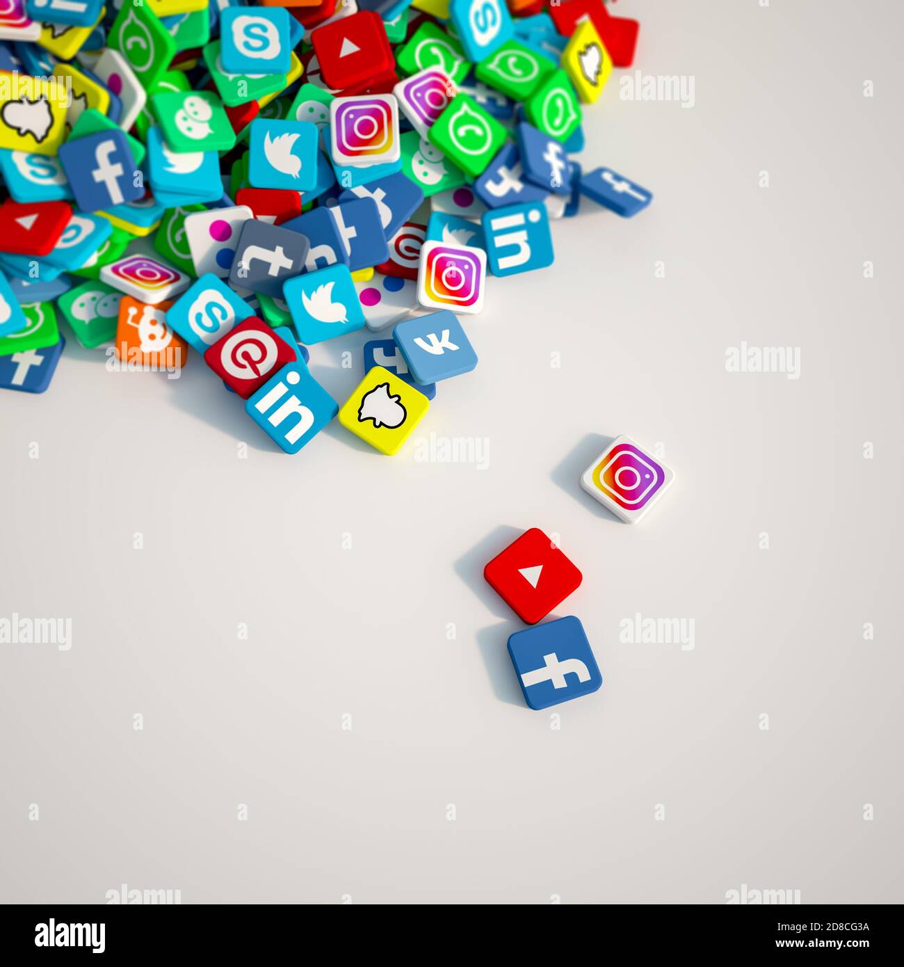 Il rendering 3D delle icone dei social media più diffusi fa da sfondo a molti di spazio per la copia Foto Stock