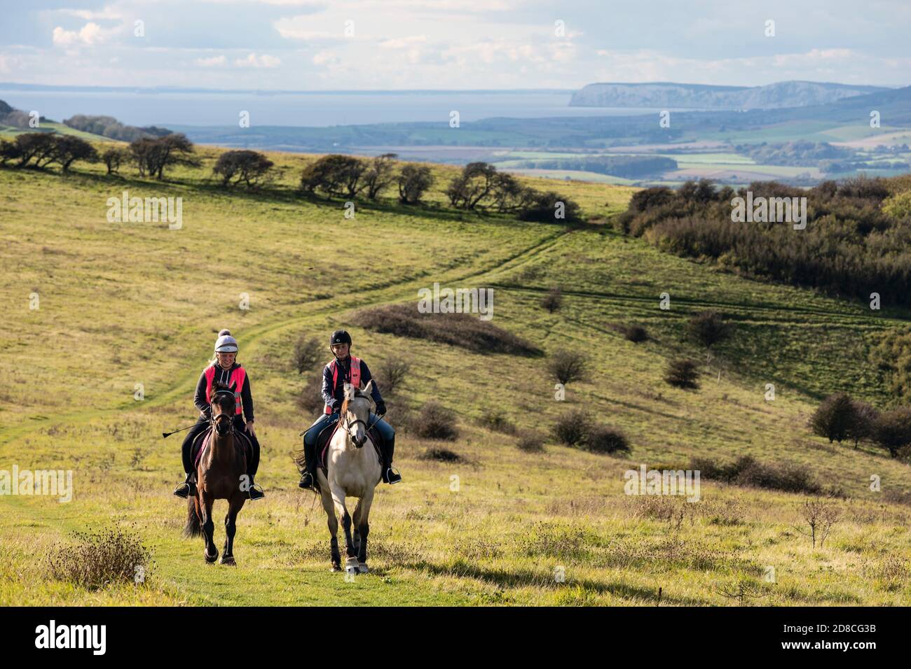 Cavalieri a cavallo su Luccombe Down, Isola di Wight Foto Stock