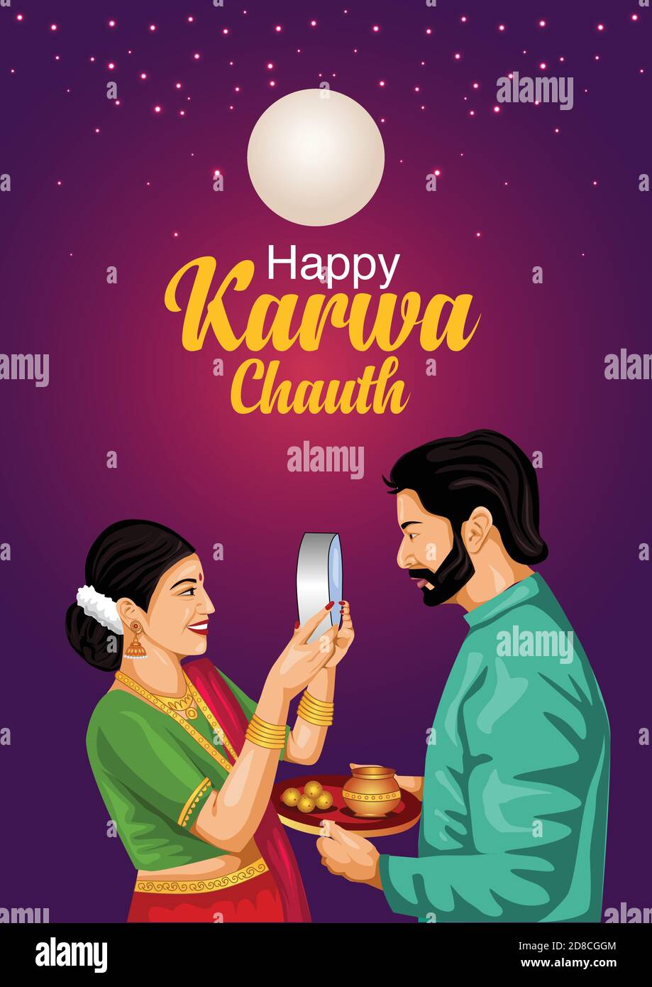 Illustrazione del Festival indù indiano Happy Karva Chauth sfondo con la coppia che fa Karwa Chauth. Illustrazione Vettoriale