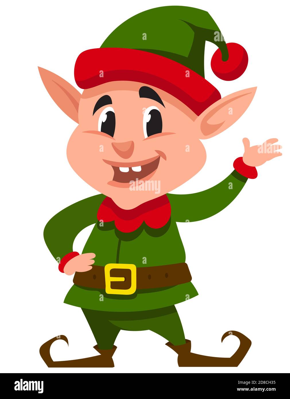 Elfo di Natale sorridente. Carattere divertente in stile cartoon. Illustrazione Vettoriale