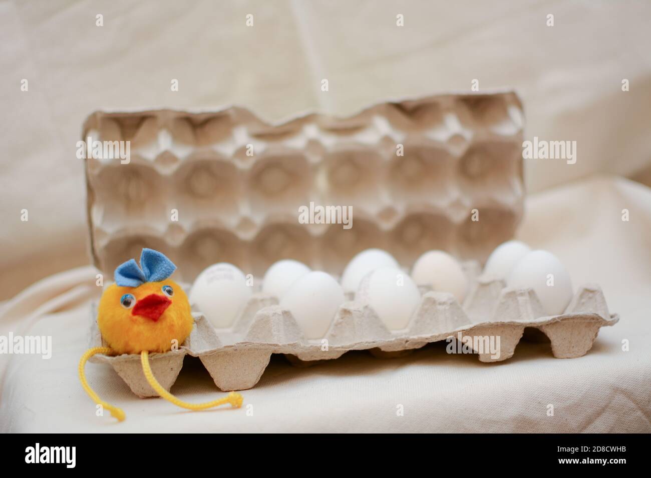 Uova di pollo concetto. Pulcini giocattolo covati da uova in una scatola di uova. Foto Stock