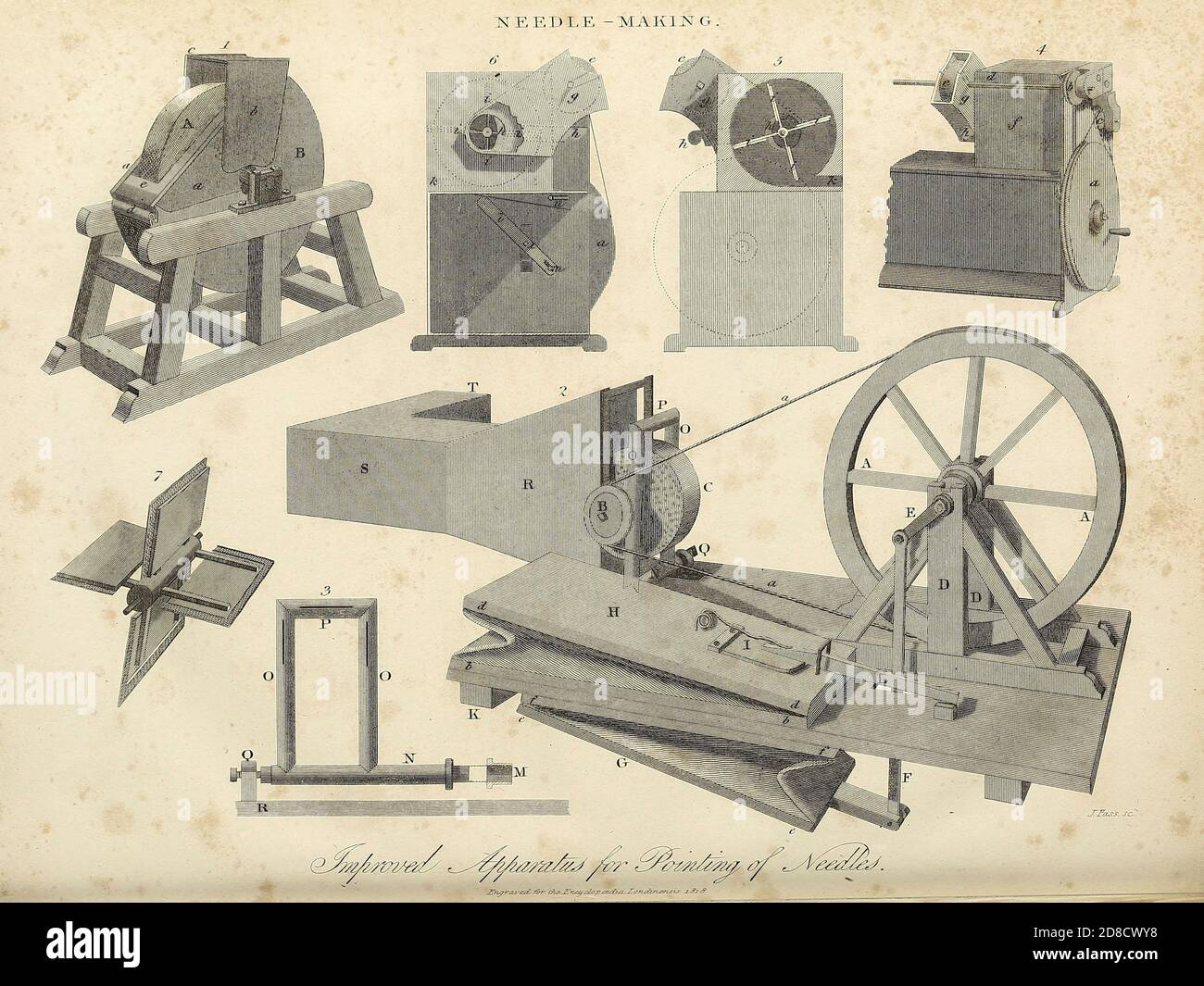 Macchine per la produzione di aghi incisione su copperplate dell'Enciclopedia Londinensis OR, dizionario universale di arti, scienze e letteratura; Volume XVI; a cura di Wilkes, John. Pubblicato a Londra nel 1819 Foto Stock