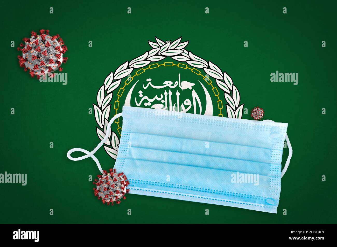 Illustrazione concettuale della maschera chirurgica sulla bandiera della Lega Araba e delle particelle di Coronavirus o Covid-19 davanti. Foto Stock