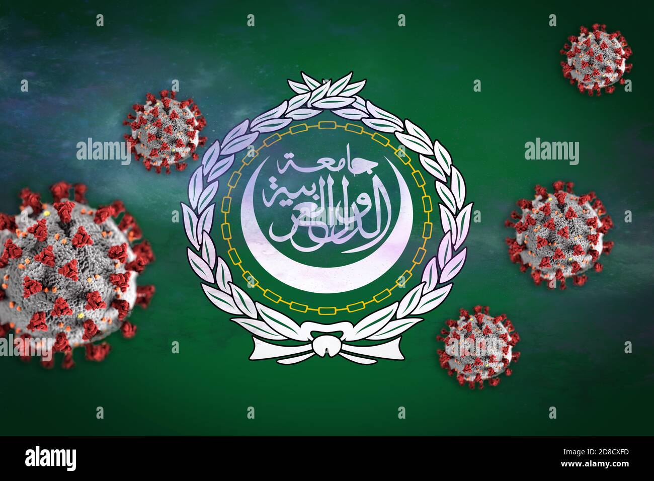 Illustrazione concettuale del Coronavirus o delle particelle di Covid-19 che oscilla la bandiera della Lega araba simboleggiando l'epidemia. Foto Stock