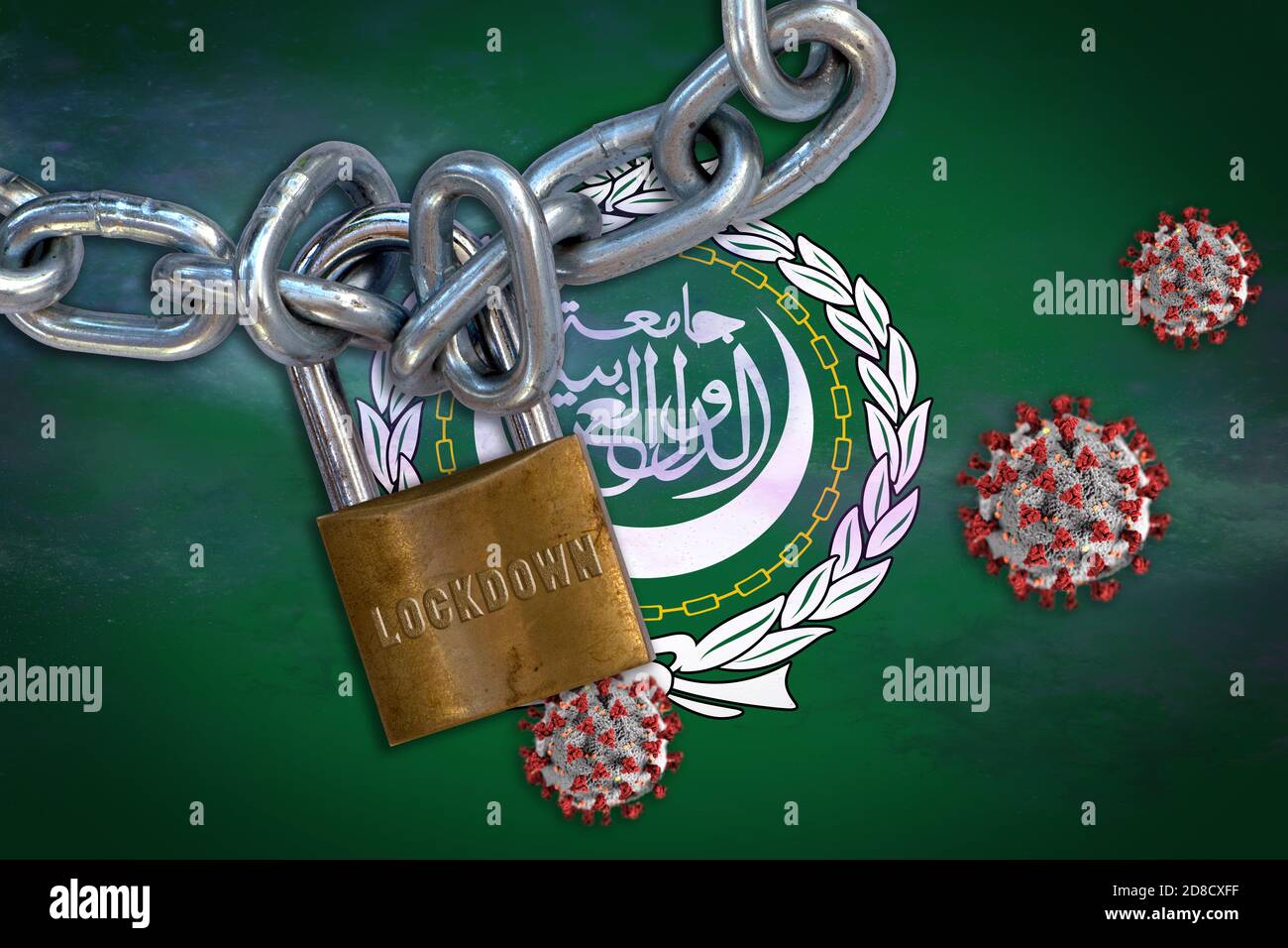 Illustrazione concettuale del blocco di Coronavirus nella Lega Araba, con le particelle Covid-19 che oscillavano la bandiera della Lega Araba. Foto Stock