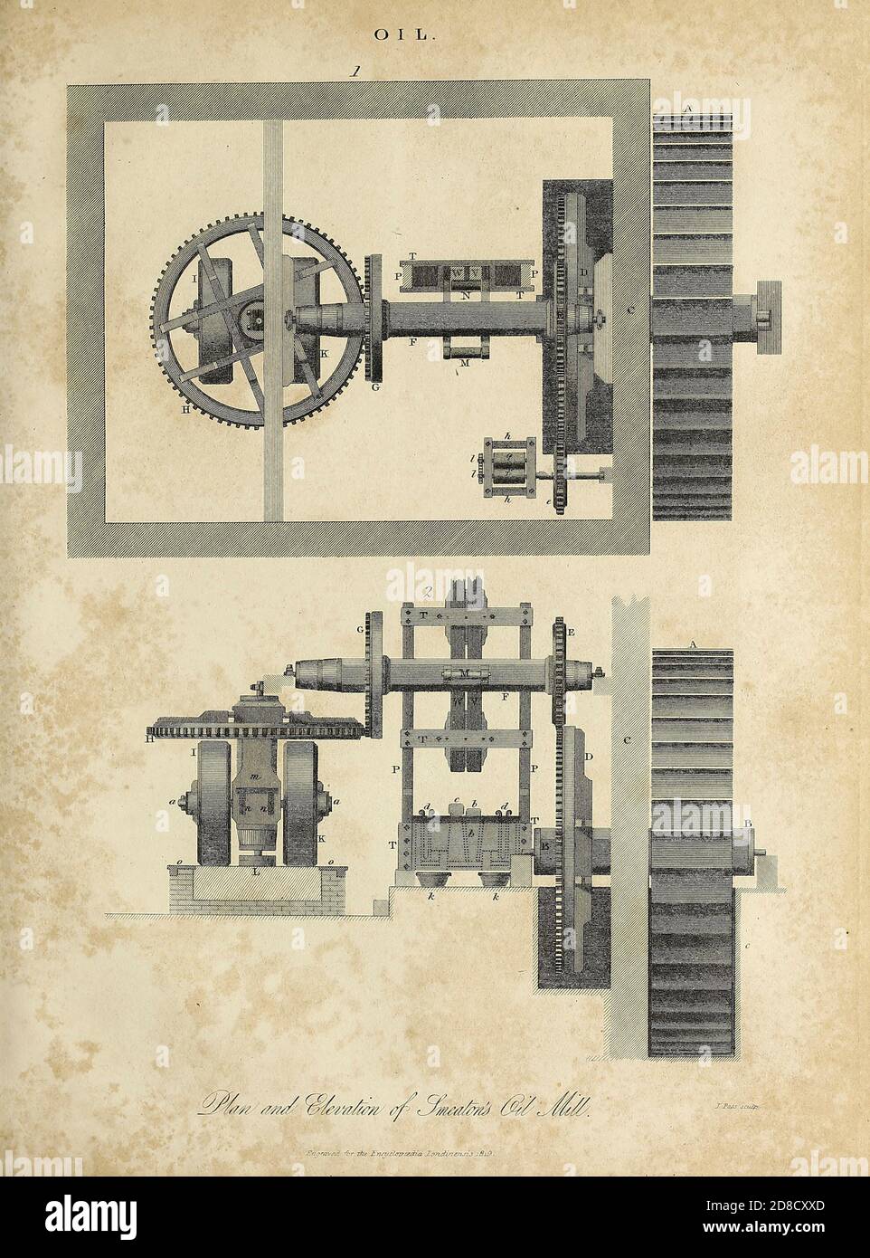 Frantoio per l'estrazione di oli vegetali da semi incisione Copperplate dall'Encyclopedia Londinensis OR, dizionario universale di arti, scienze e letteratura; Volume XVII; a cura di Wilkes, John. Pubblicato a Londra nel 1820 Foto Stock