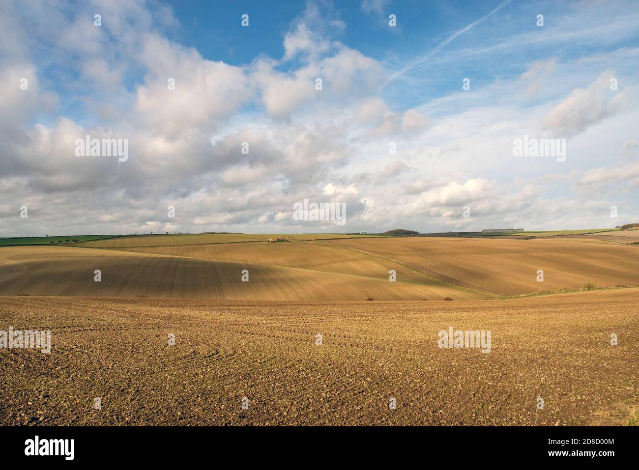 Vista di una fattoria derelict su campi ondulati arati a strisce in una giornata di sole con cielo nuvoloso. Foto Stock