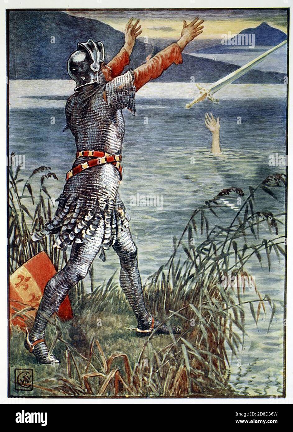 SIR BEDIVERE lancia Excalibur nel lago. Illustrazione di Walter Crane per 'le vittorie dei Cavalieri della Tavola rotonda' di Henry Gilbert, 1911. Foto Stock