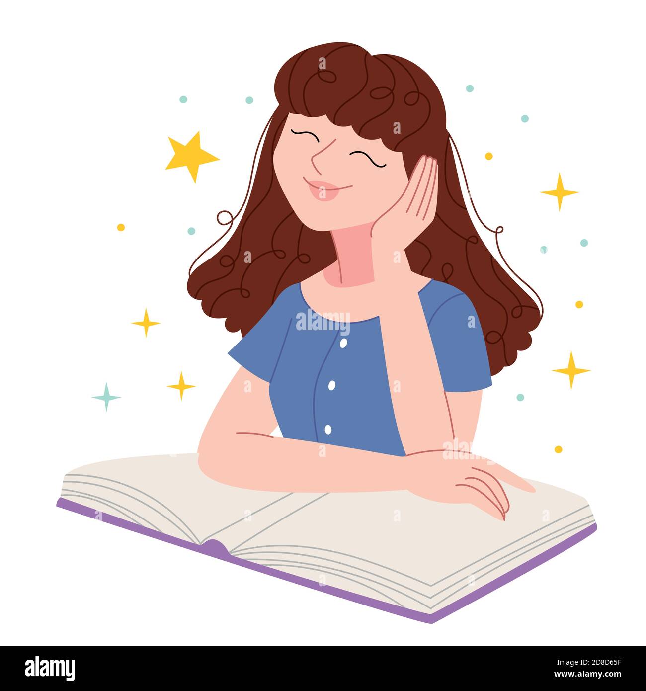La ragazza sogna e legge. Lo studente pensa al futuro. Illustrazione del libro per bambini. Poster carino. Illustrazione Vettoriale
