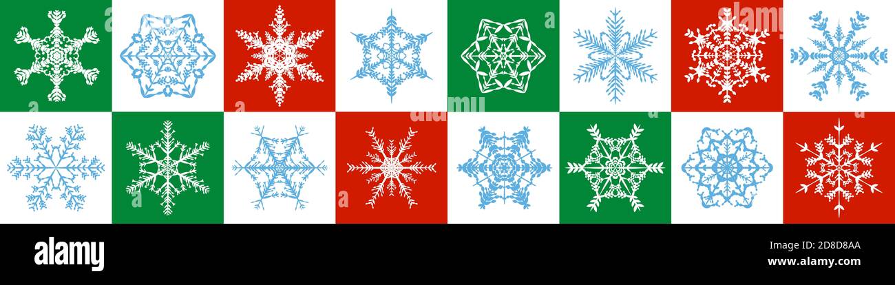 Motivo fiocchi di neve - sfondo natalizio rosso, verde e bianco - illustrazione orizzontale estendibile senza cuciture. Foto Stock