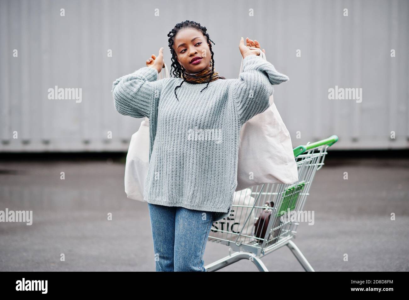 Niente più plastica. Donna africana con carrello della spesa e borse  ecologiche posto mercato esterno Foto stock - Alamy