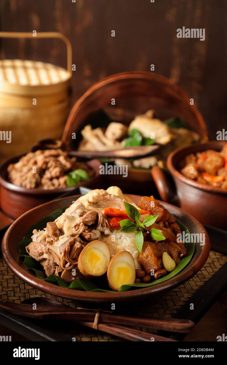 Nasi Gudeg. Pasto giavanese di riso con stufato di jackfruit, curry di pollo e stufato piccante di cracker di pelle di bestiame bovino Foto Stock