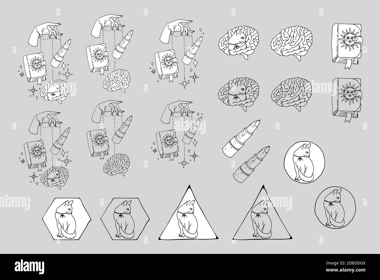 Set di articoli e scene di magia e stregoneria d'arte. Clitchy mistico. Illustrazione Vettoriale