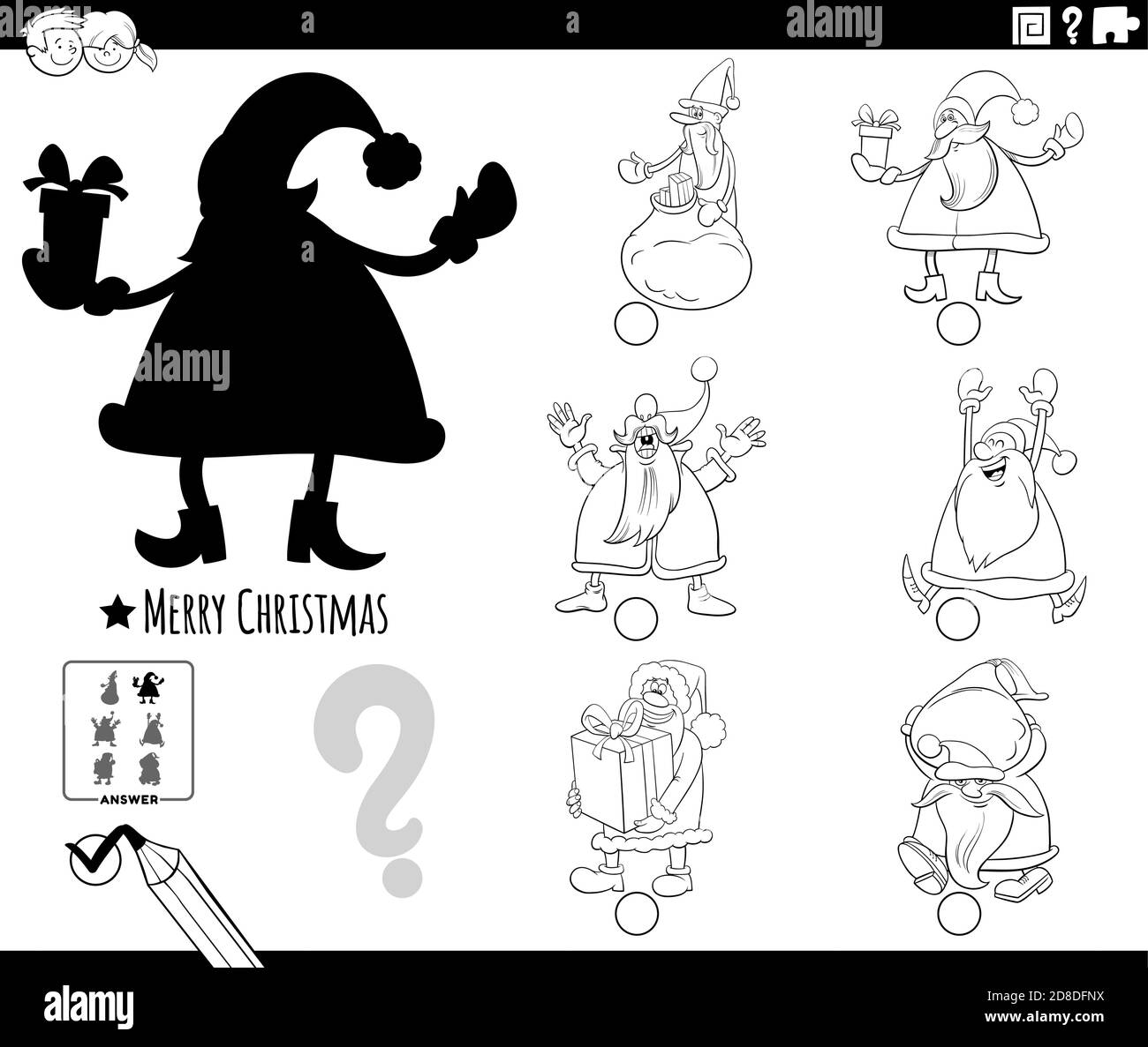 Illustrazione cartoon in bianco e nero che mostra come trovare l'immagine giusta All'ombra compito educativo per i bambini con Babbo Natale caratteri che colorano boo Illustrazione Vettoriale