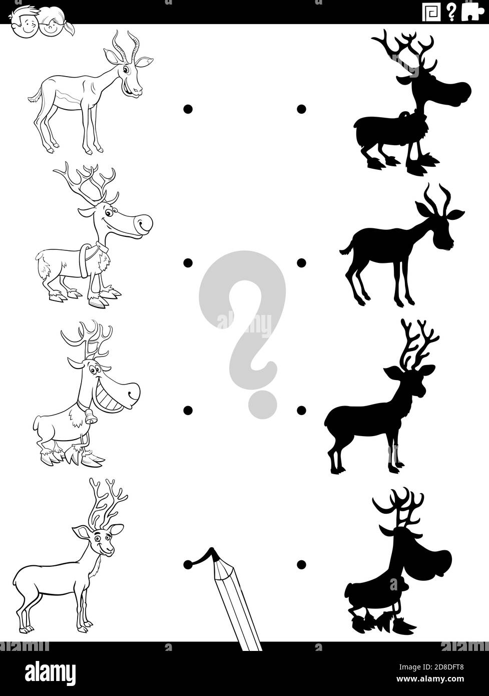 Illustrazione cartoon in bianco e nero di corrispondenza delle ombre destra con immagini attività educativa per bambini con renne e altro animali cornati co Illustrazione Vettoriale