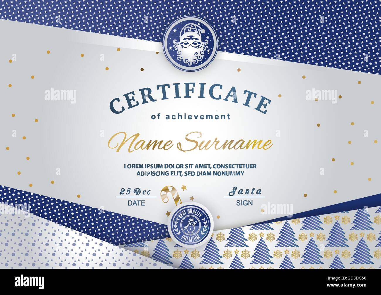 Certificato di Natale con Babbo Natale in emblema. Sfondo invernale blu argentato per le congratulazioni di Capodanno Illustrazione Vettoriale