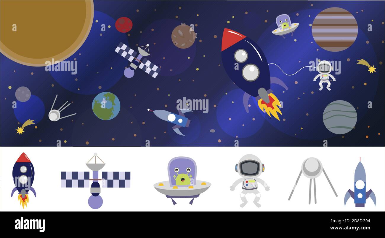 Cartoon spazio illustrazione con un razzo, astronauta, pianeti e alieni. Luminoso cute, vettore dei bambini che disegnano circa le navette spaziali, le piattine volanti e le navette. Spazio con Saturno, Giove e stelle. Immagine in blu viola e blu. Pianeti, razzi e stelle. Icone della navicella spaziale Cartoon. Elementi per bambini per la prenotazione di scarti. Fondo infantile. Illustrazione Vettoriale