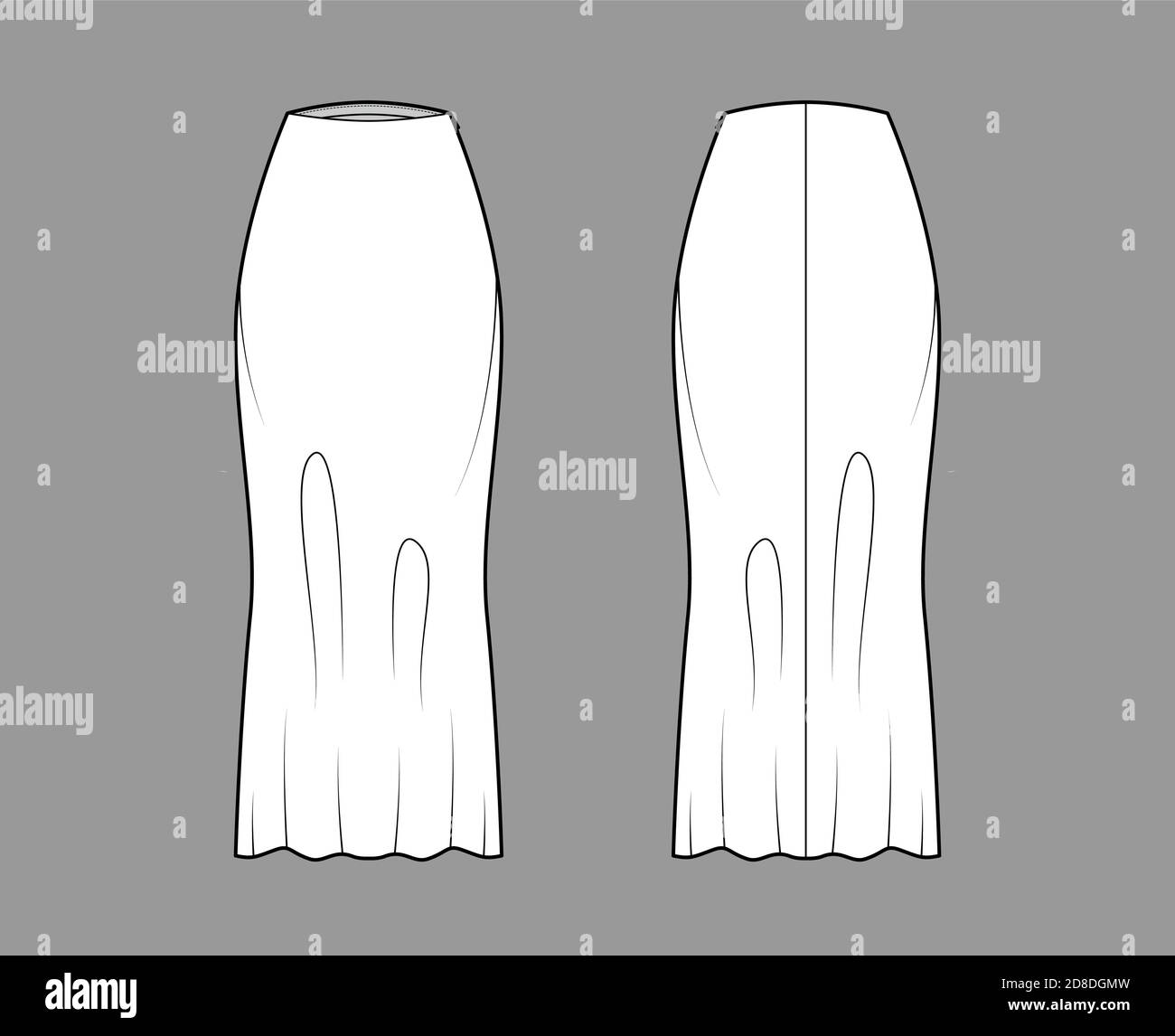 Gonna lunga deviazione taglio tecnico moda illustrazione con maxi lunghezze silhouette, semi-fit fullness. Modello a fondo piatto, anteriore, posteriore, colore bianco. Donne, uomini, unisex CAD mockup Illustrazione Vettoriale