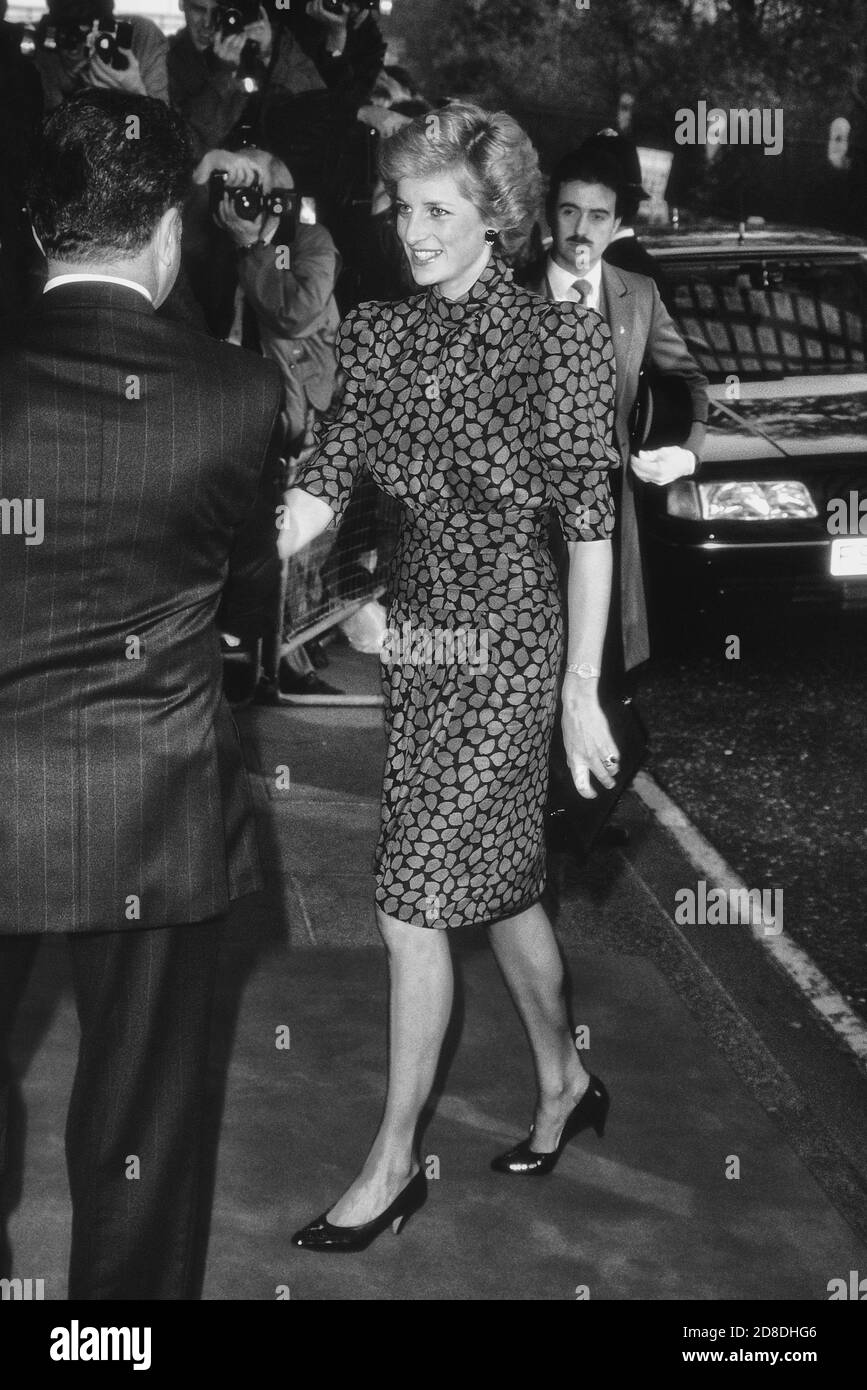 Un sorriso HRH LA PRINCIPESSA DEL GALLES, PRINCIPESSA DIANA arriva al Premio Standard serale al Savoy Hotel, Londra, Gran Bretagna - Novembre 1989 Foto Stock