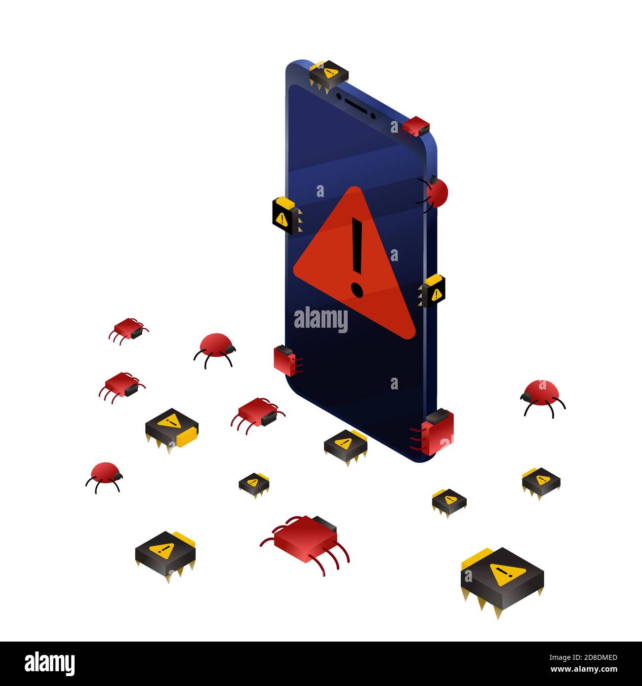 Bug e virus dello smartphone. Illustrazione vettoriale isometrica protezione dei dati, concetto di sicurezza delle informazioni. Display con simbolo di errore rosso isolato Illustrazione Vettoriale