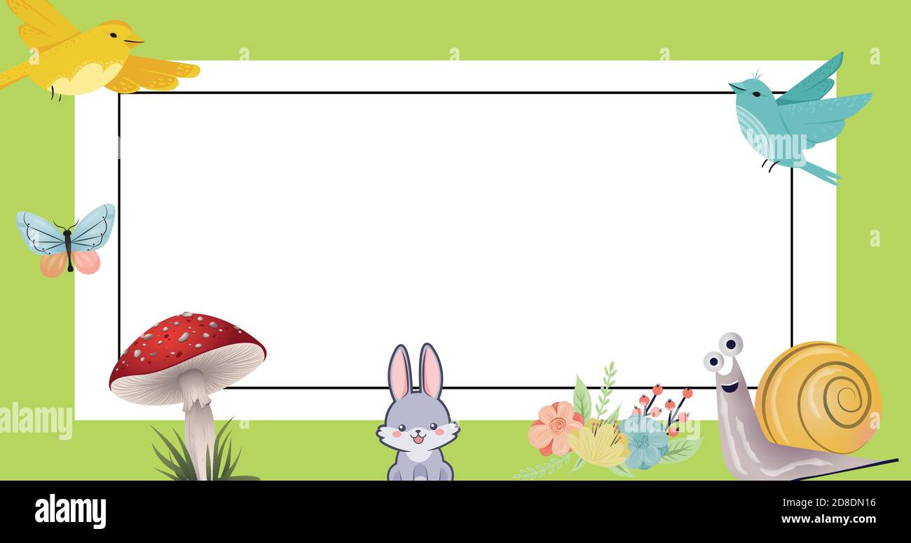 Vettore cornice con cute natura boschiva icone e animali per set di molle Illustrazione Vettoriale
