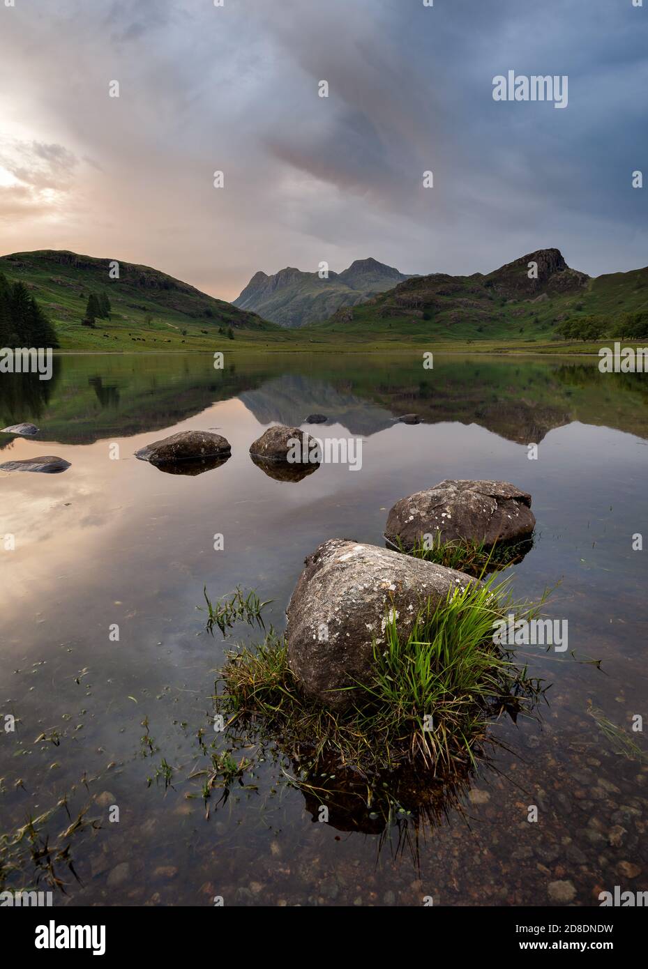 Riflessi di montagna perfetti in acqua con cielo drammatico e rocce in primo piano. Preso a Blea Tarn nel Lake District. Foto Stock