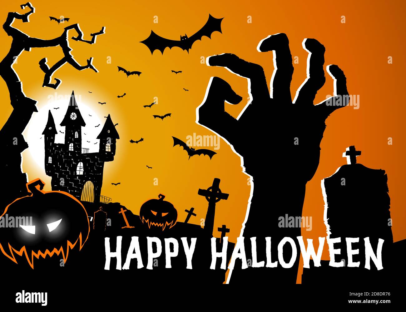 Biglietto d'auguri di Halloween con gli elementi dell'orrore creepy castello, mano da tomba, zucca e cimitero. Poster delle feste di Halloween felice, invito alla festa f Illustrazione Vettoriale