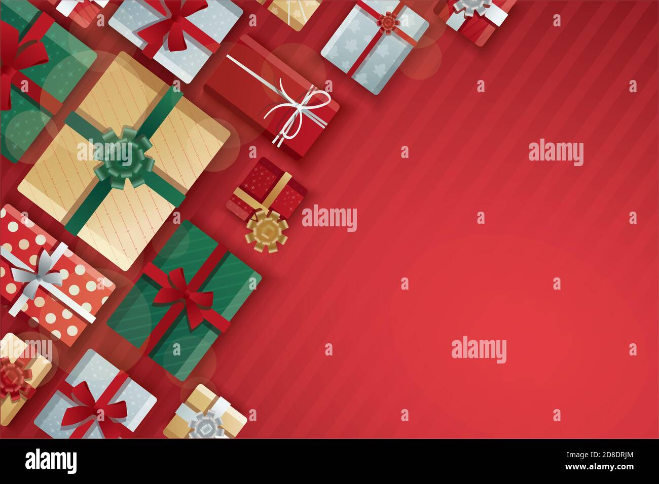 Scatole regalo di Natale, scatole regalo su sfondo rosso Foto Stock