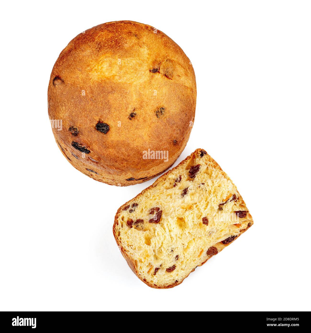 Tradizionale torta di Natale fatta in casa isolato su sfondo bianco. Panettone o torta di frutta vista dall'alto. Foto Stock