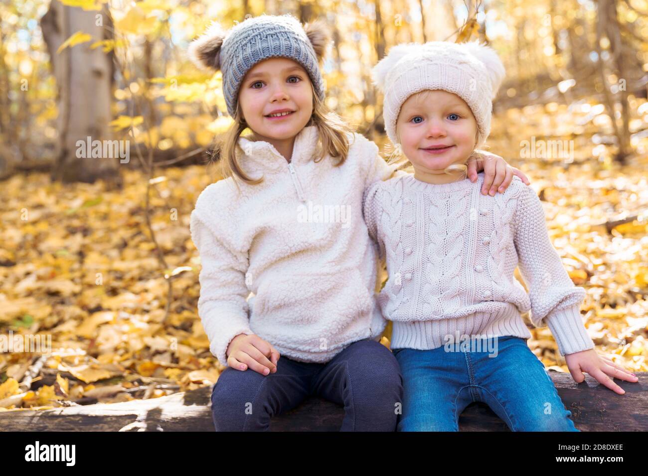 carino caucasico bambini sulla stagione autunnale all'aperto sedersi su registro Foto Stock